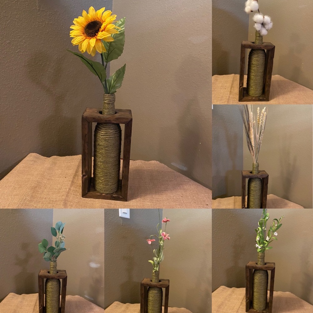 Home decor - wood stand, bottle wrapped in jute/twine & choice of flower